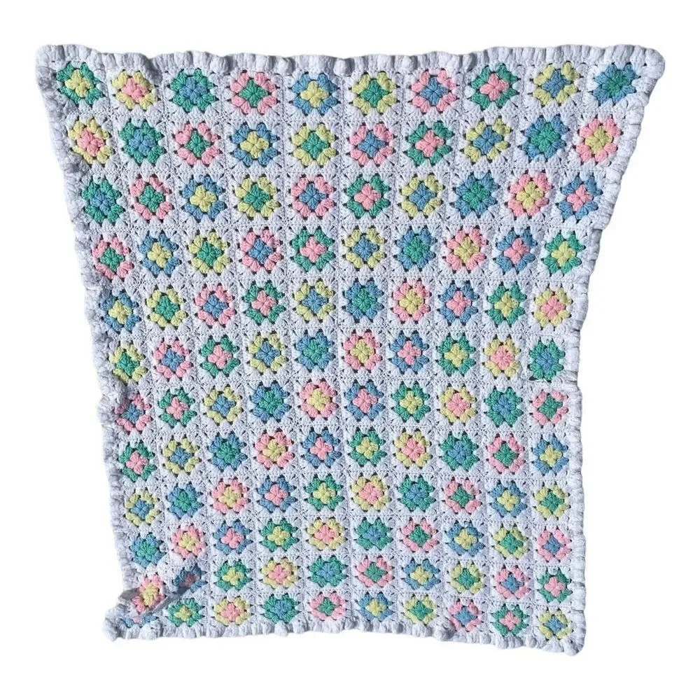 Vintage Crochet Granny Square Afghan Nursery Blanket Throw 35 x 40 Multicolor
